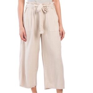 Blank NYC Pants Tan/Beige Wide Leg Linen Blend Cropped Belt/Tie Elastic Waist XS